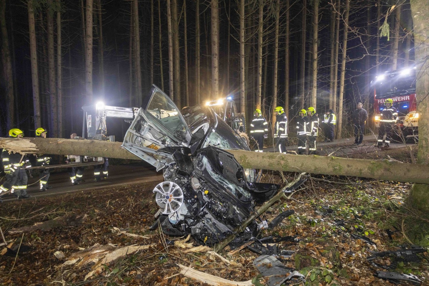 Feuerwehrleute betrachten das Auto im österreichischen Aurolzmünster, das in einen liegenden Baumstamm krachte.